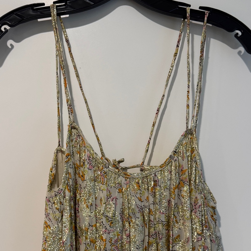 Sparkling Floral Spaghetti Strap Dress - Cream, Gold, Pink
